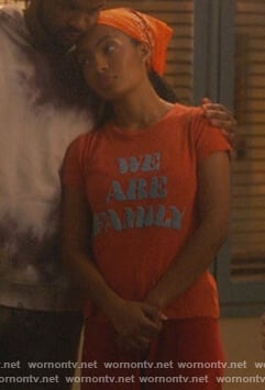 Zoey's orange We are Family print tee on Grown-ish
