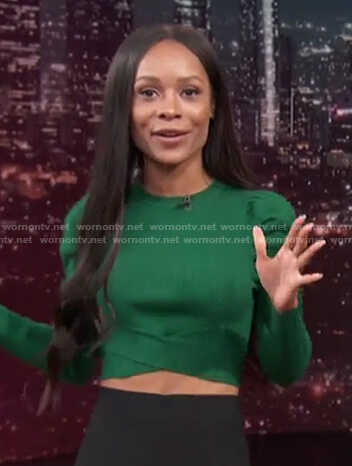 Zuri's green puff sleeve cropped sweater on Access Hollywood