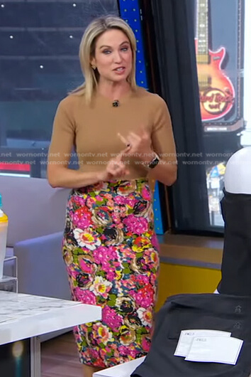 Amy's camel ribbed top and floral skirt on Good Morning America