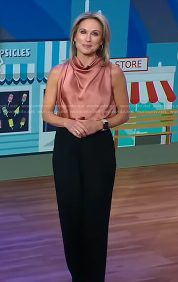 Amy's pink satin top and black pants on Good Morning America