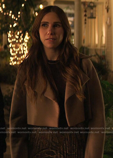 Annie's cropped camel jacket on The Flight Attendant