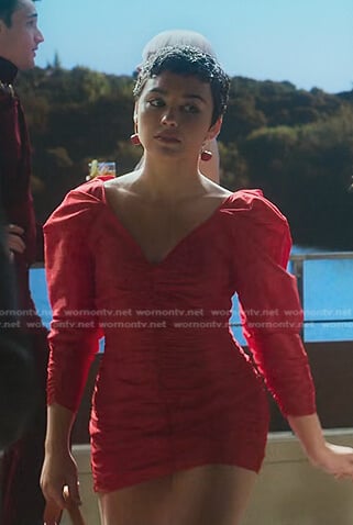 Ari's red ruched mini dress on Elite
