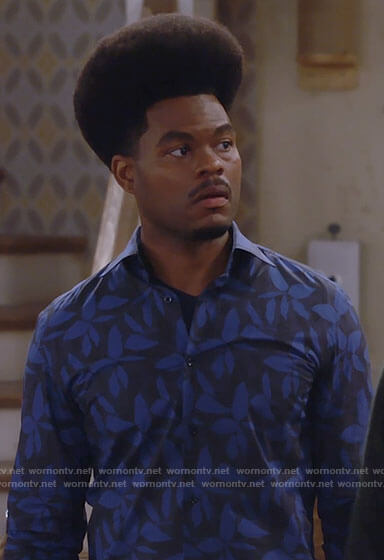Carter's blue leaf print shirt on Call Me Kat