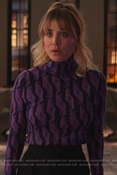Cassie's purple geometric turtleneck on The Flight Attendant