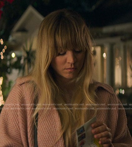 Cassie's blush pink coat on The Flight Attendant