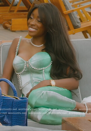 Chelsea's green embellished corset on Selling Sunset