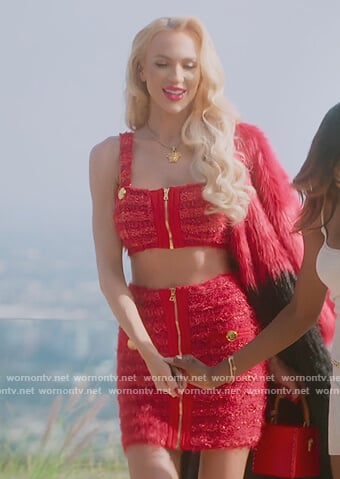 Christine red tweed crop top and skirt on Selling Sunset