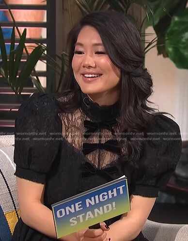 Crystal Kung Minkoff's black bow detail lace dress on E! News Daily Pop