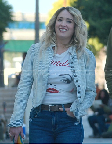 Davia's graphic tee and striped jacket on Good Trouble