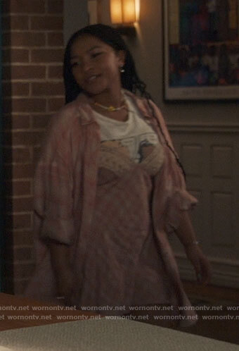 Delilah's pink plaid slip dress and shirt with comic print tee on The Equalizer