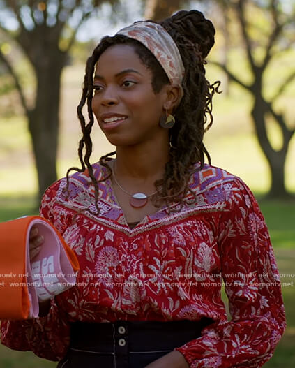 Denise's red floral print blouse on Home Economics