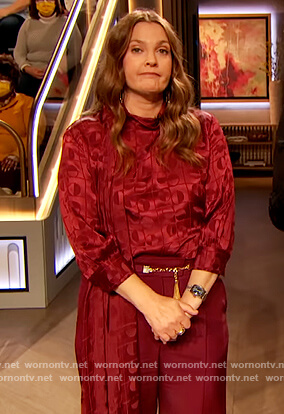 Drew's burgundy chain detail pants on The Drew Barrymore Show