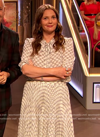 Drew's Celine logo monogram blouse and skirt on The Drew Barrymore Show