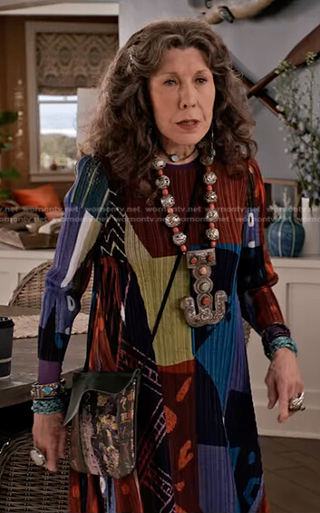Frankie's mixed print dress on Grace and Frankie