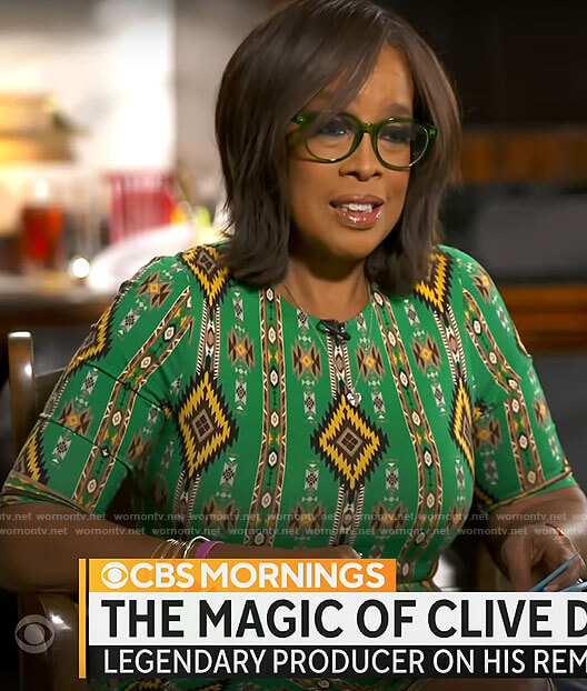 Gayle King's green printed dress on CBS Mornings