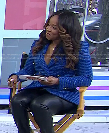 Gia Peppers's blue double breasted tweed blazer on Today