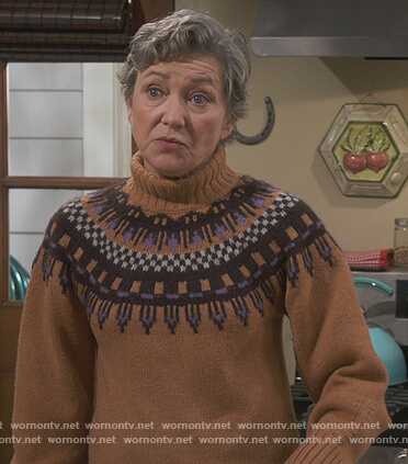 Helen's brown fair isle sweater on How We Roll