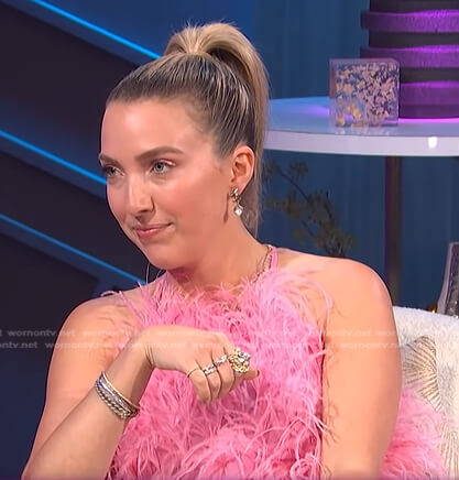 Jackie Schimmel’s pink feather top on E! News Nightly Pop