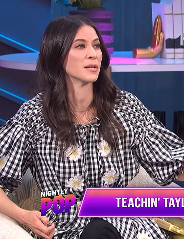 Jackie Tohn's black gingham check floral dress on E! News Nightly Pop