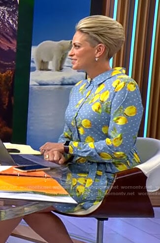 Jamie Yuccas's blue lemon print shirtdress on CBS Mornings