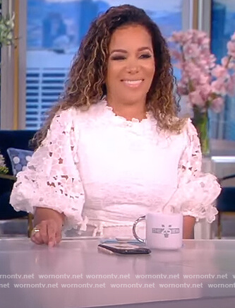Sunny's white embroidered puff sleeve dress on The View