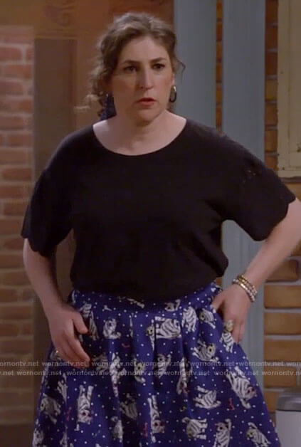 Kat's black top and blue cat print skirt on Call Me Kat