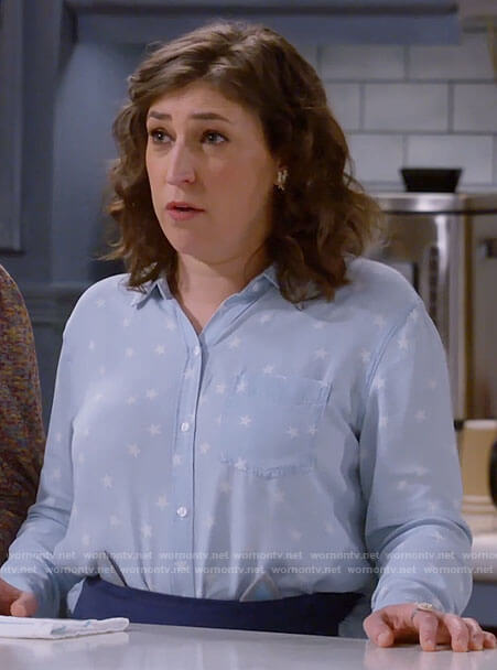 Kat's blue star print shirt on Call Me Kat