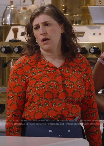 Kat's orange cat print button down shirt on Call Me Kat