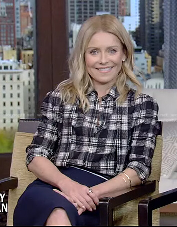 Kelly's black plaid blouse and navy skirt on Live with Kelly and Ryan