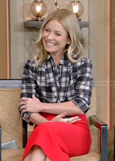 Kelly's black plaid tie neck blouse and red skirt on Live with Kelly and Ryan
