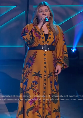 Kelly's yellow floral print maxi dress on The Kelly Clarkson Show