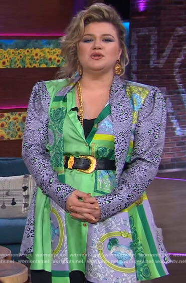 Kelly's mixed print satin dress on The Kelly Clarkson Show