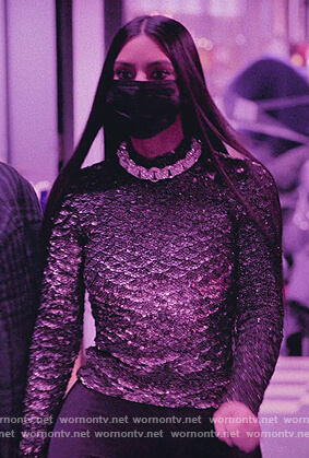 Kim's metallic scale turtleneck top on The Kardashians