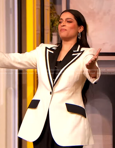 Lilly Singh's white contrast lapel blazer on The Drew Barrymore Show