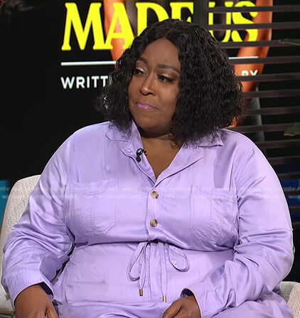 Loni's lilac drawstring waist jumpsuit on E! News Daily Pop