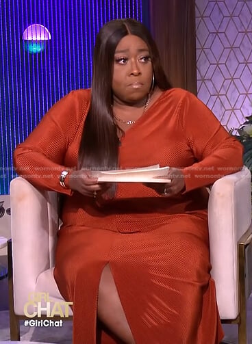 Loni's orange ribbed v-neck dress on The Real