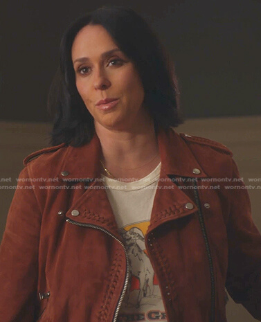 Maddie's graphic print tee and suede moto jacket on 9-1-1