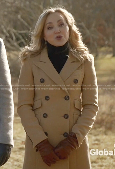 Marissa's camel double breasted coat on Bull