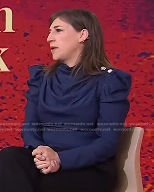 Mayim Bialik's navy puff sleeve top on Today