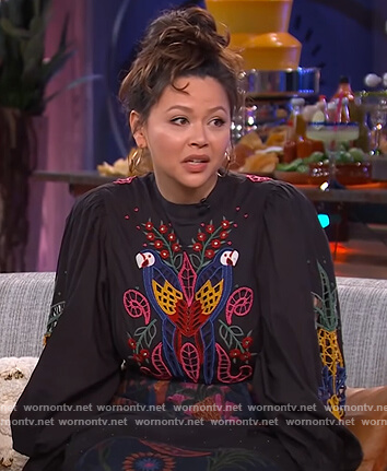 Melissa O'Neil's navy embroidered dress on The Kelly Clarkson Show