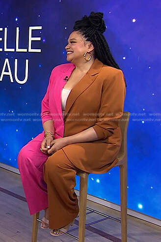 Michelle Buteau's pink and brown colorblock suit on Today