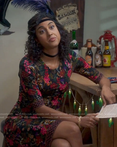 Mikaela's floral dress at the murder mystery party on Mr Mayor