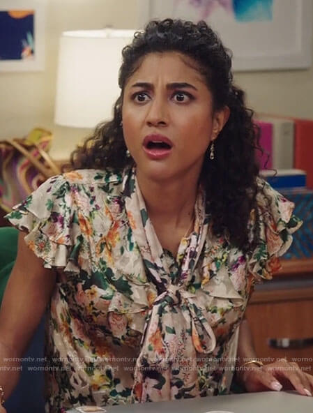 Mikaela's floral ruffled tie-neck blouse on Mr Mayor