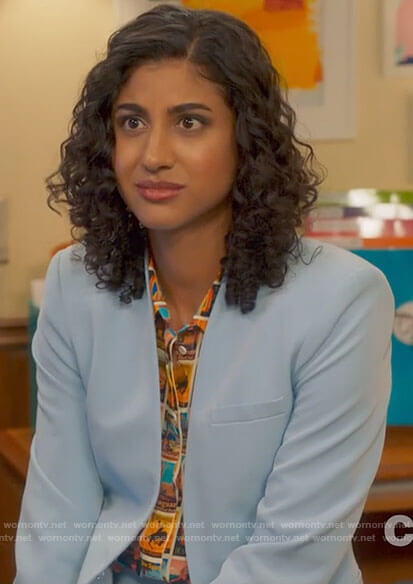 Mikaela's postcard print shirt and blue blazer on Mr Mayor