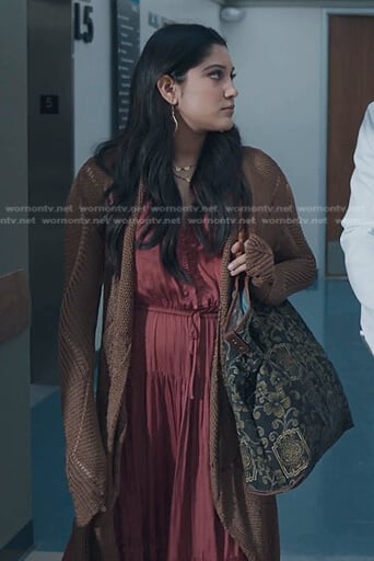 Padma's red pleated midi dress on The Resident
