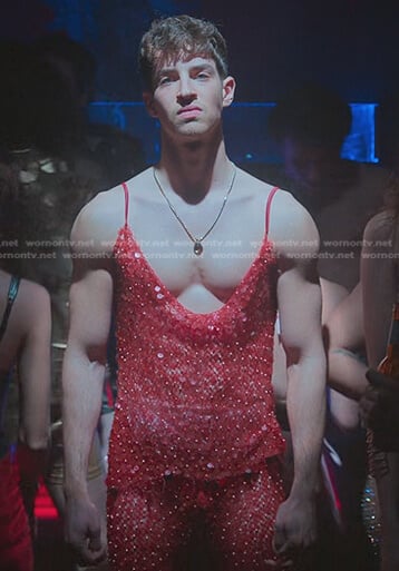 Patrick’s red embellished top and pants on Elite