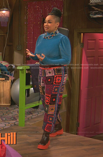 Raven's blue velvet top and crochet pants on Ravens Home