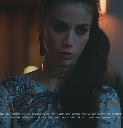 Rebe's dragon print mesh top on Elite