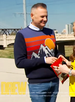 Ross Mathew's mountain print sweater on The Drew Barrymore Show