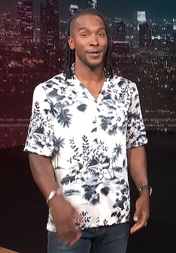 Scott's white tropical print shirt on Access Hollywood